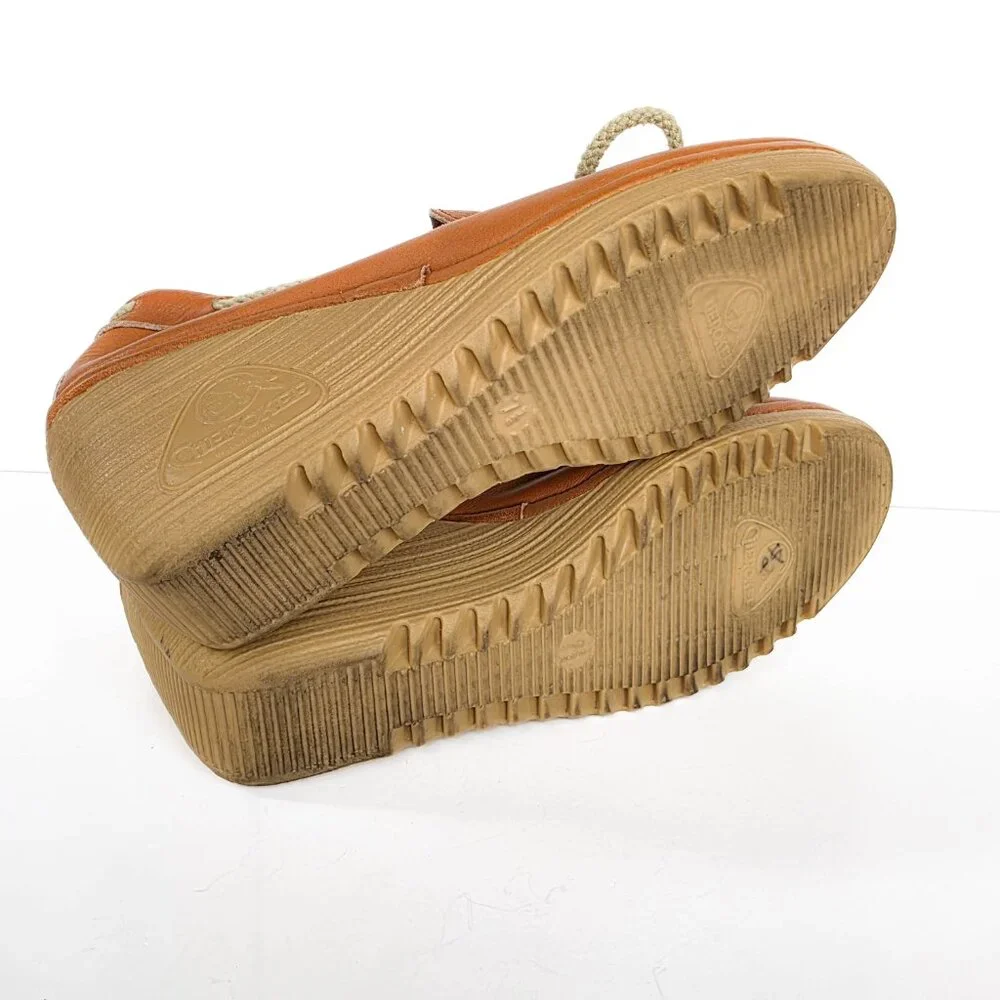 Vintage 70s Cherokee Buckwheat Platform Wedges Caramel Leather‎ Boho Shoes 7.5 N